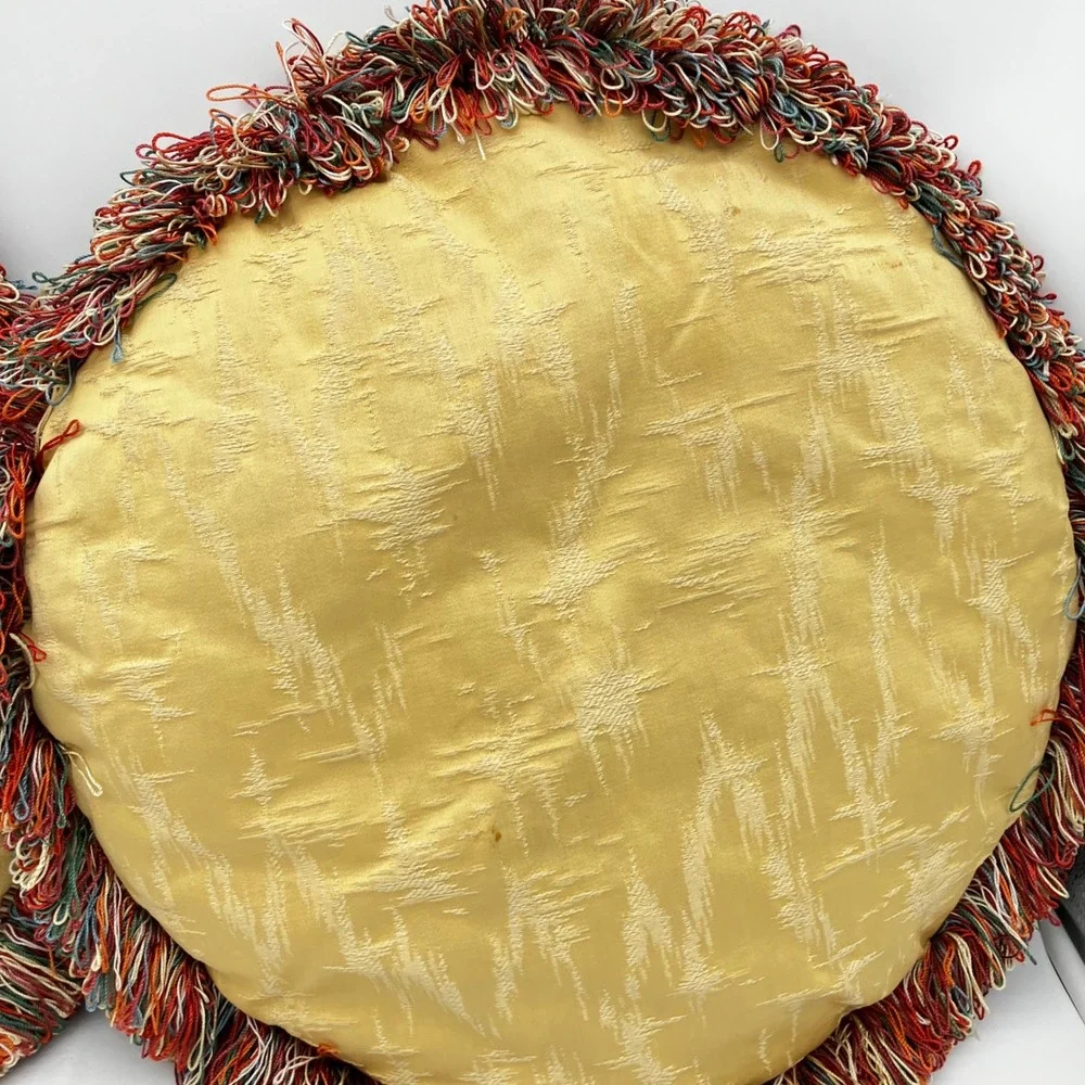 Pair of Vintage Hollywood Regency Round Throw Pillows Gold Brocade Multi Fringe